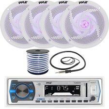 Pyle PLMRB29W Boat Receiver, 4 x 5.25'' Blue LED Speakers w/ Wire, Radio Antenna
