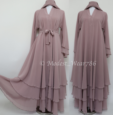 Dubai Abaya 3 Layer Chiffon Open Umbrella Flare Muslim Maxi Dress Nude Pink 