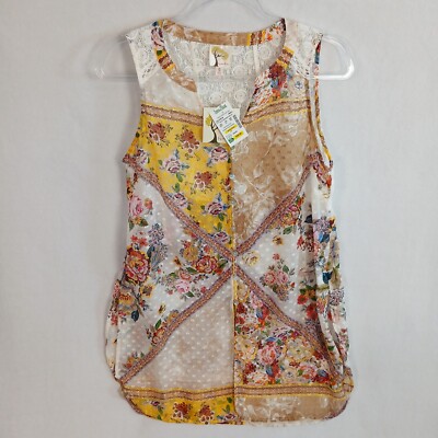 Fig And Flower Lace Floral Patchwork Semi Sheer V-Neck Button Tunic Size S NWT