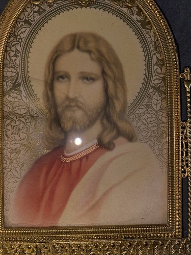 Vintage religiöser Druck Jesus und Maria aufklappbarer Metallrahmen wunderschön LESEN - Bild 4 von 12