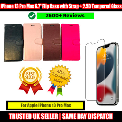 Für Leder Flip Ständer Book Case für iPhone 13 Pro Max 6,7'' + Hartglas