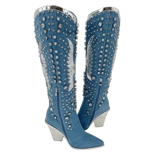 Azalea Wang Metallic Upbeat Rhinestone Cowboy Boot Denim Womens Sz 7 NEW