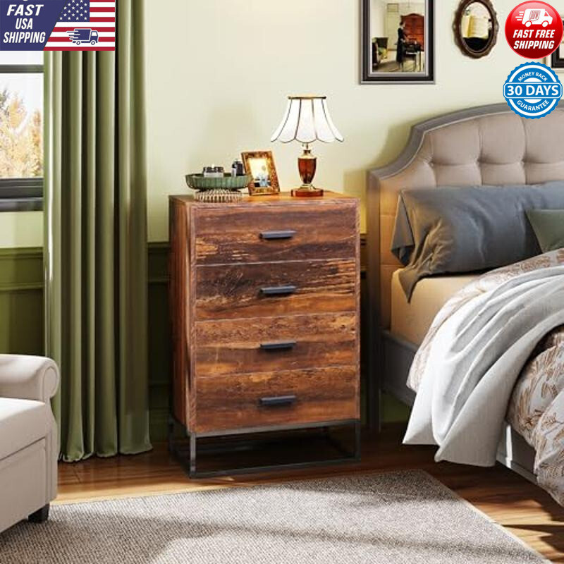 Brown Oak Wood Dresser with 4 Drawers for Bedroom or Living Room Closet Organization-image
