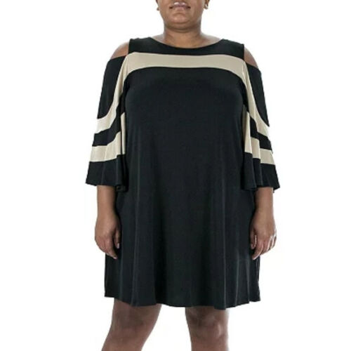 Nina Leonard Mini Dress Cold Shoulder 3/4 Sleeve Stretch Black size 2X new