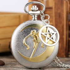 Silver Alloy Case Golden Girl Unisex Quartz Analog Pocket Watch Pendant Star