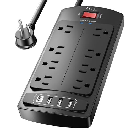 Surge Protector Power Strip - Flat Plug Extension Cord with 8 Outlets and 4 