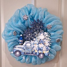 Handcrafted Winter Deco Mesh Wreath 18 in w/ "Let It Snow" Truck - Blue White