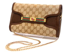 Gucci GG Canvas Shoulder Bag Clutch Purse Chain strap Brown Vintage Authentic
