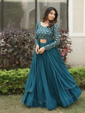 Designer Georgette Lehenga Kurti Set Teal Embroidery Sequin Work Ready To Wear
