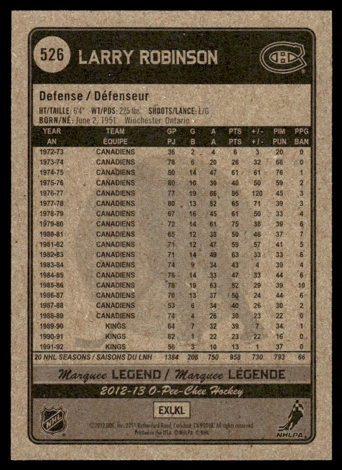2012-13 O-Pee-Chee MARQUEE LEGEND Larry Robinson Montreal Canadiens #526 - Image 2 of 2