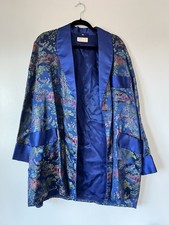 Vintage Chinese Satin Robe Kimono Asian Smoking Jacket Embroidered Blue Floral