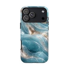 For iPhone/Galaxy/Pixel  Phone Ink Case - Teal Silver Wave Sparkling Marble