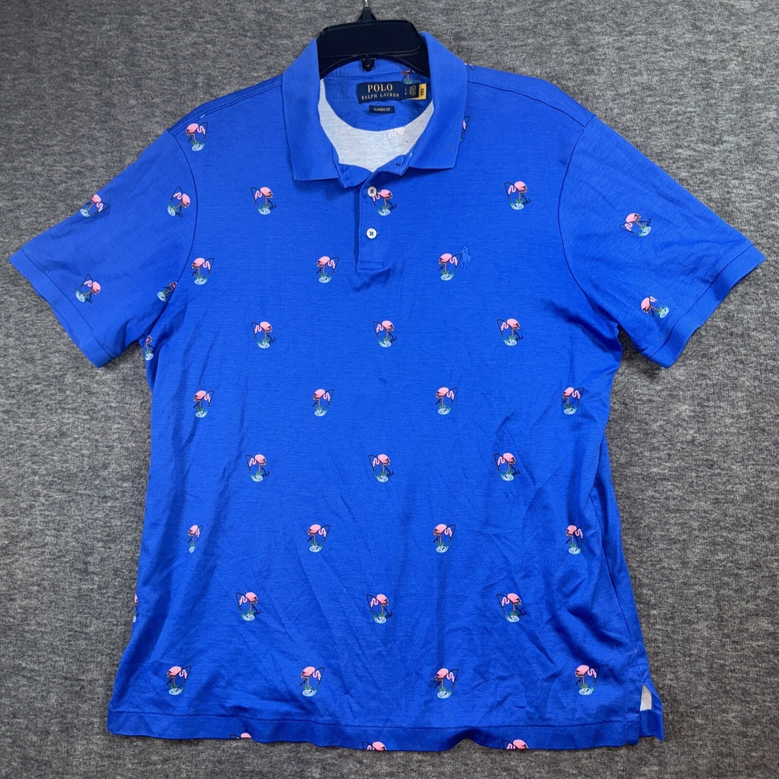 Polo Ralph Lauren Mens Polo Shirt Blue Flamingo All Over Print Preppy Golf Sz L