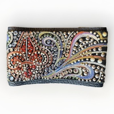 Caroline Rocha Handpainted Leather Cuff Bracelet Crystal Fleur de Lis