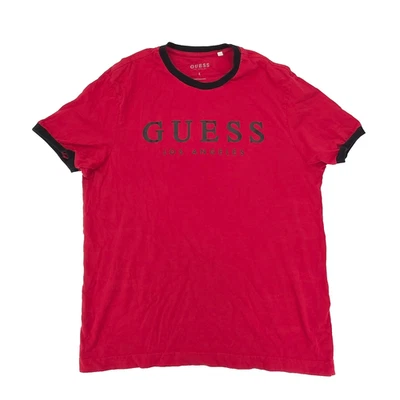 Guess Los Angeles T-shirt Mens Large Red Black Spellout Logo Tee Crewneck Solid - Image 1 of 4
