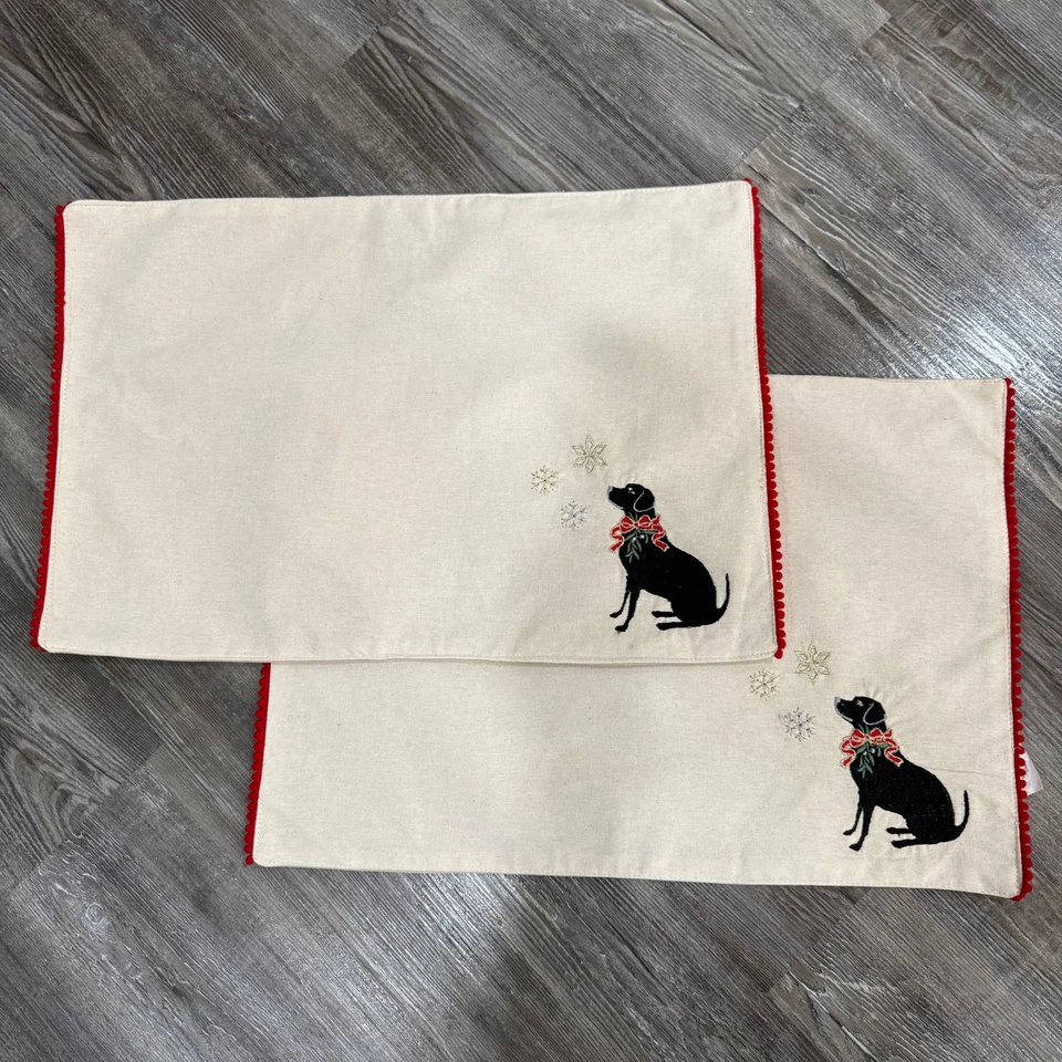 Lot of 2 ~ Black Lab Holiday/Christmas Place Mats 20”x13”Lined Beige Embroidered - Image 3 of 4