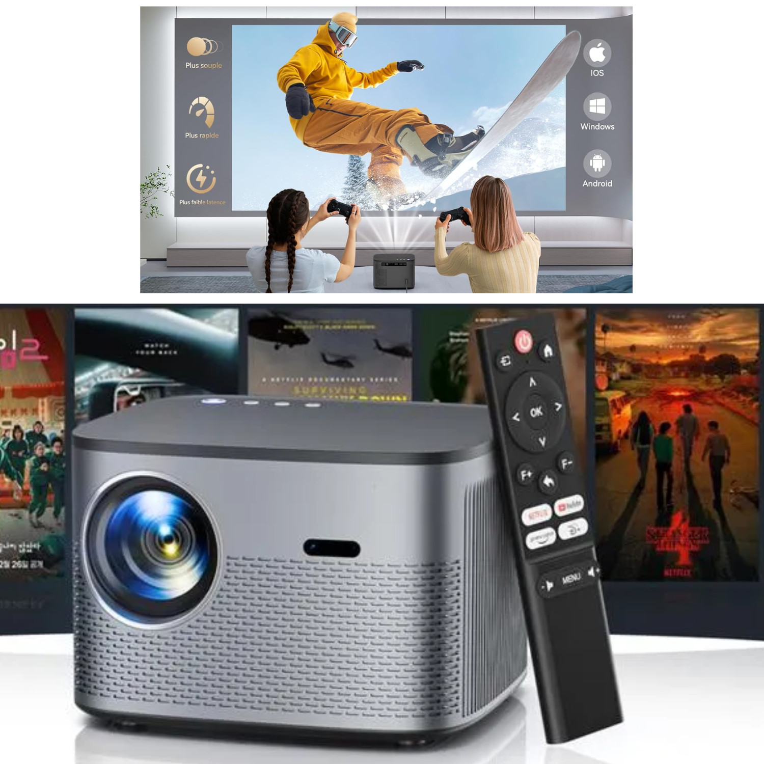 Vidéoprojecteur Netflix 4K pour soirée cinéma en famille Android 13 Noir