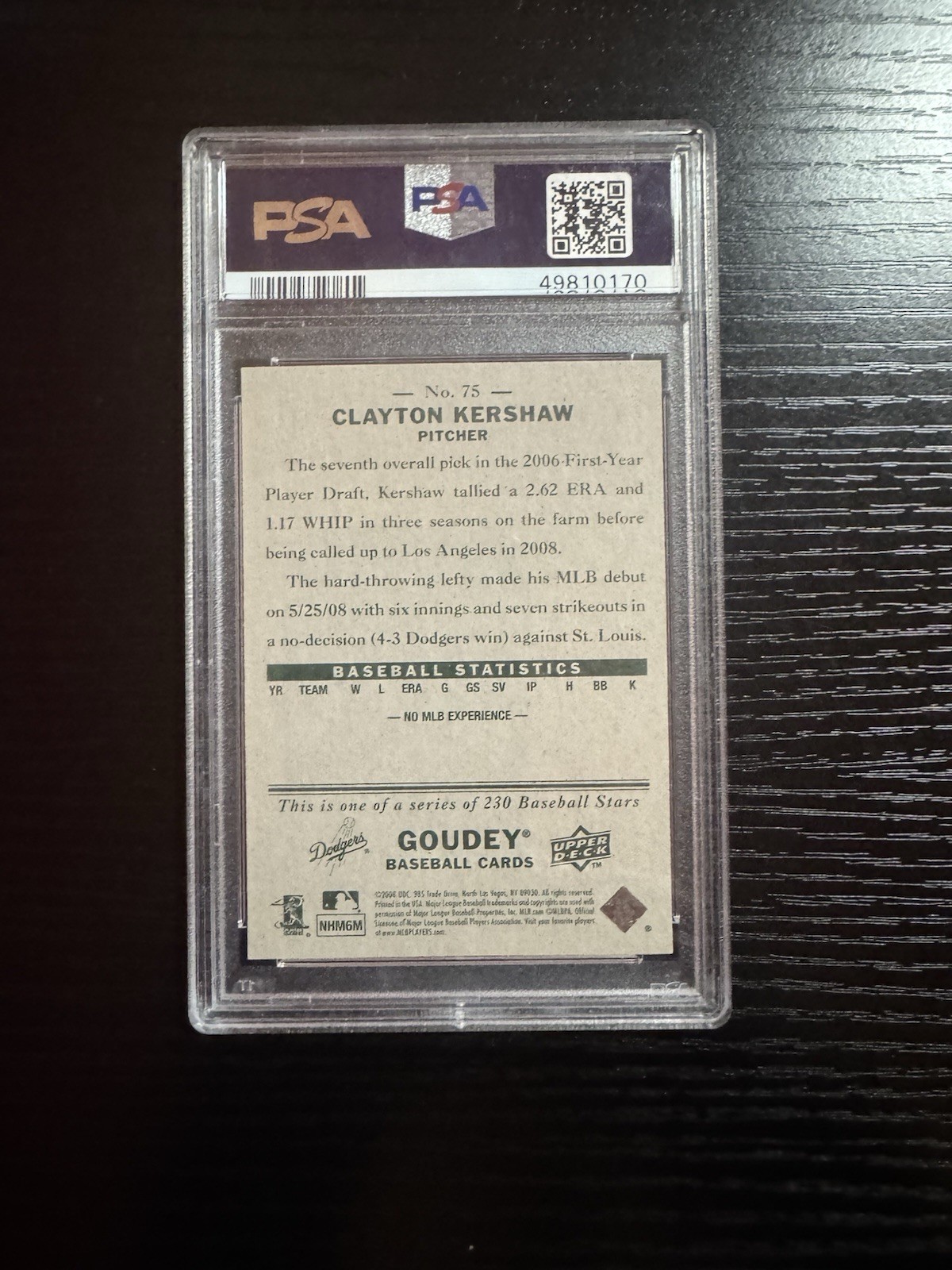 2008 Upper Deck Goudey Clayton Kershaw Rookie #75 PSA 10 Dodgers view 2