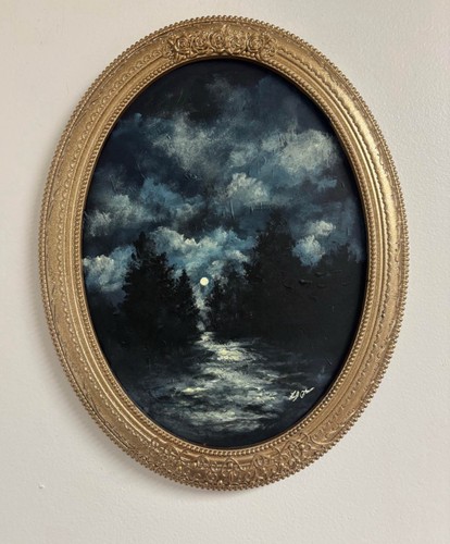 ORIGINAL Hand Painted Moody Night Landscape Painting In Gold Oval Frame 11x14