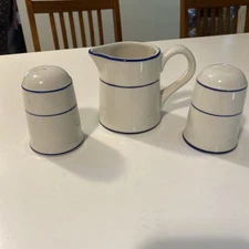 Lynn’s Stoneware Diner Style Salt Pepper Shakers & Creamer With Blue Stripes