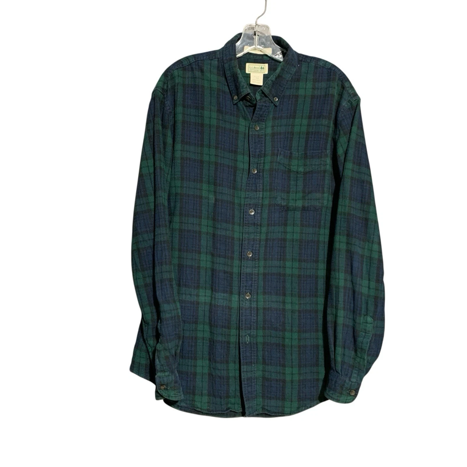 LL Bean Shirt Mens Large Green Plaid Flannel Slightly Fitted Cotton Outdoor