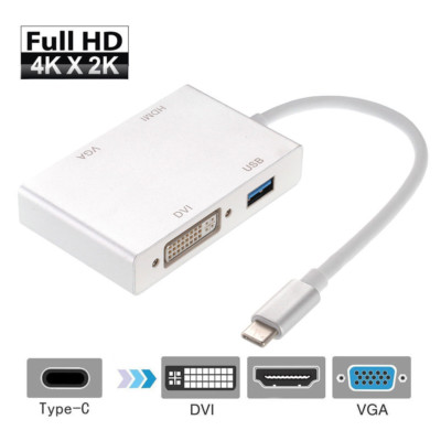 4-in-1 USB 3.1 Type C to DVI HDMI VGA USB 3.0 Cable Adapter Converter Aluminium