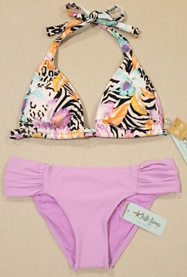 NWT Luli Fama Buena Vista Halter Tri Top (D Cup) & Scrunch Side Full Bottom (XS)