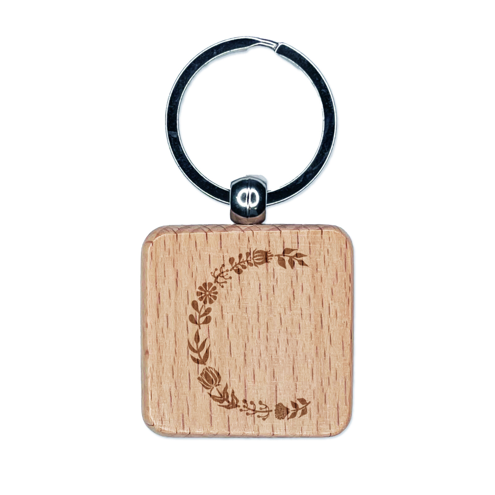 Elegant Botanical Floral Letter C Engraved Wooden Square Keychain Charm  