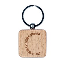 Elegant Botanical Floral Letter C Engraved Wood Square Keychain Tag Charm