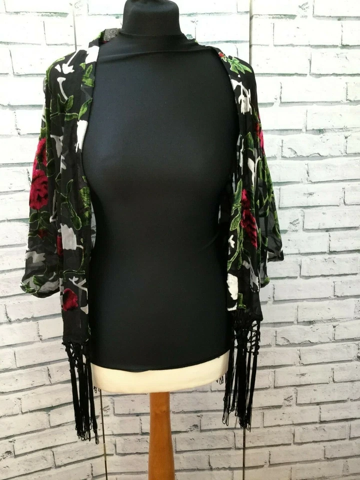 Blogger Devore Fringed Floral Pattern Open Front Kimono Cover Up UK 14 - Image 3 of 4