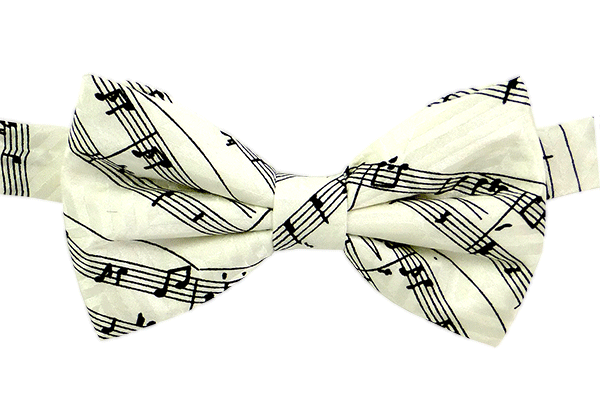 White Bow Tie with Black Manuscript in Silk - Music Themed Bow Tie - Music Gift