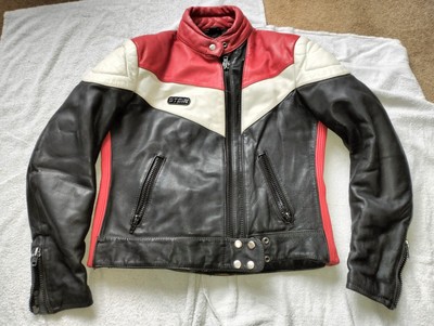 Damen Vintage Stein Leder Motorrad Jacke - rot weiß schwarz - Größe 14