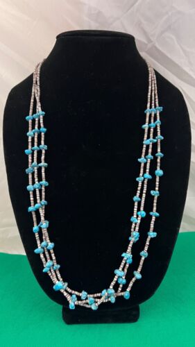 30” three Strand Turquoise and Heishi  Sterling Si