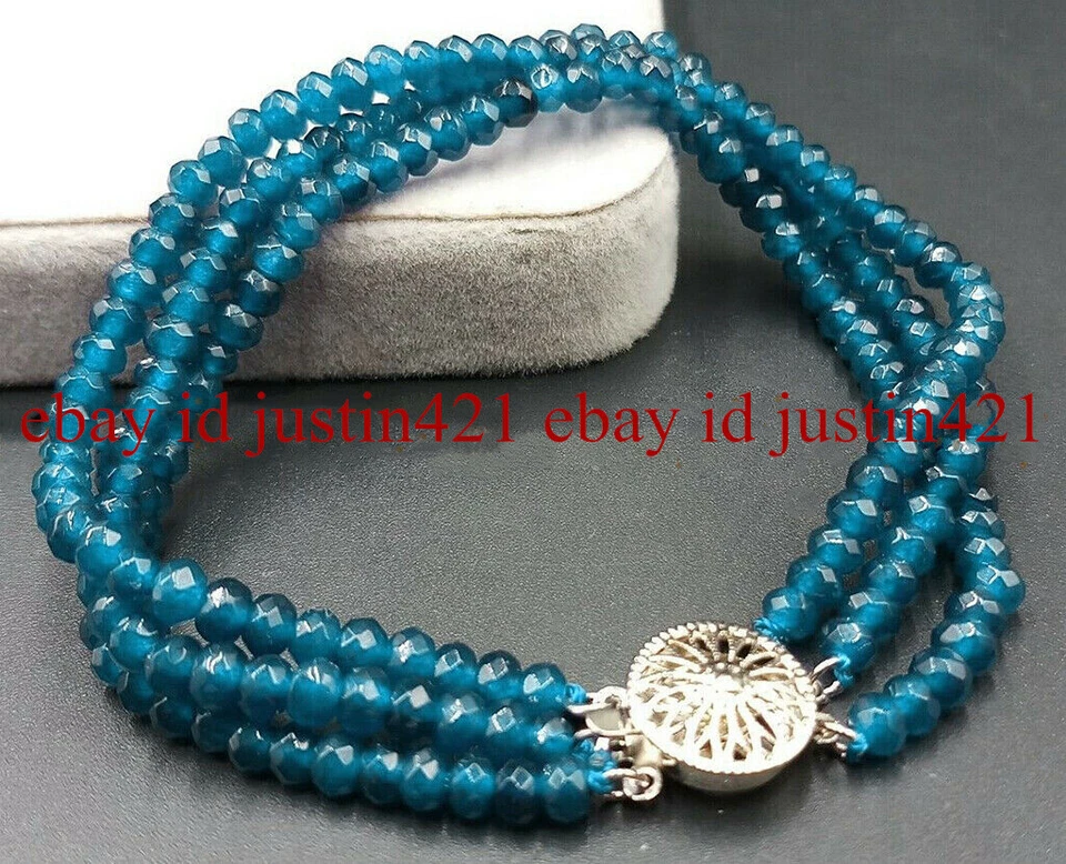 3 Rows Faceted 2x4mm Topaz/Jade/Agate Rondelle Gems Beads Bracelet 7.5'' AAA - Image 2 of 4