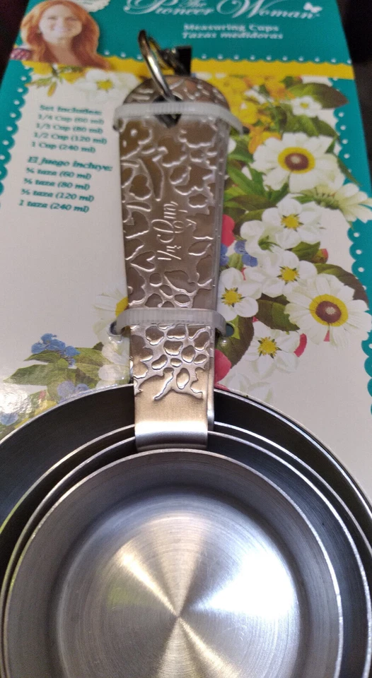 Pioneer Woman Set Of 4 Measuring Cups Stainless Steel Playful Posy Embossed, NEW - Image 2 of 4