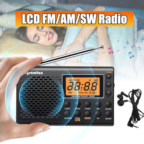 Portable Pocket Digital LCD FM/AM/SW Radio w/Alarm Clock Sleep Timer Earphones - Picture 1 of 9