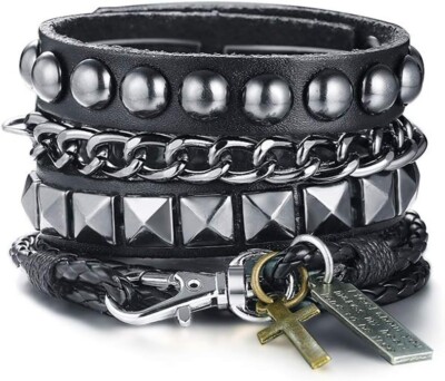 Punk Style Leather Chain Cross Multilayer Stack Bracelet Mens