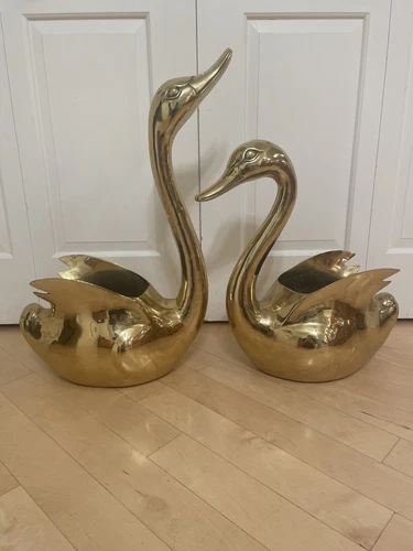 Pair Of Extra Large Heavy Brass Swan Planters Containers Flower Lots 20 Inch