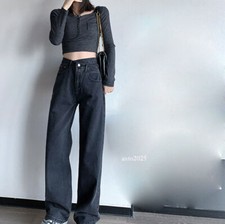 Women Cotton Blend Denim Trousers Cargo Pants High Waist Straight Wide Leg Jeans