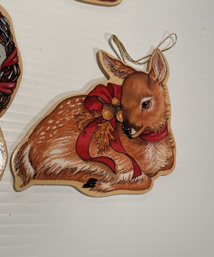 Vintage Stanzholz Ornament Weihnachten Hirsch Eichhörnchen Hase Küken 4er Set - Bild 5 von 8