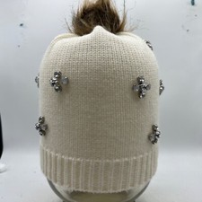 Beanie Hat with Bling. OS.  Unbranded. white w Rhinestones  Pompom. Acrylic
