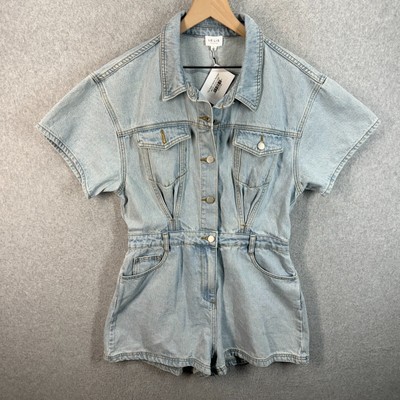Le Lis Short Sleeve Denim Romper Acid Wash Womens L Shorts NWT