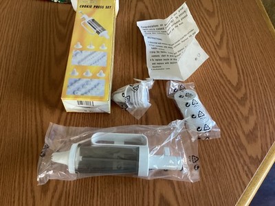 Vintage Hand Held Cookie Press Set- 6 Nozzles, 24 Discs, New Old Stock- SEALED.