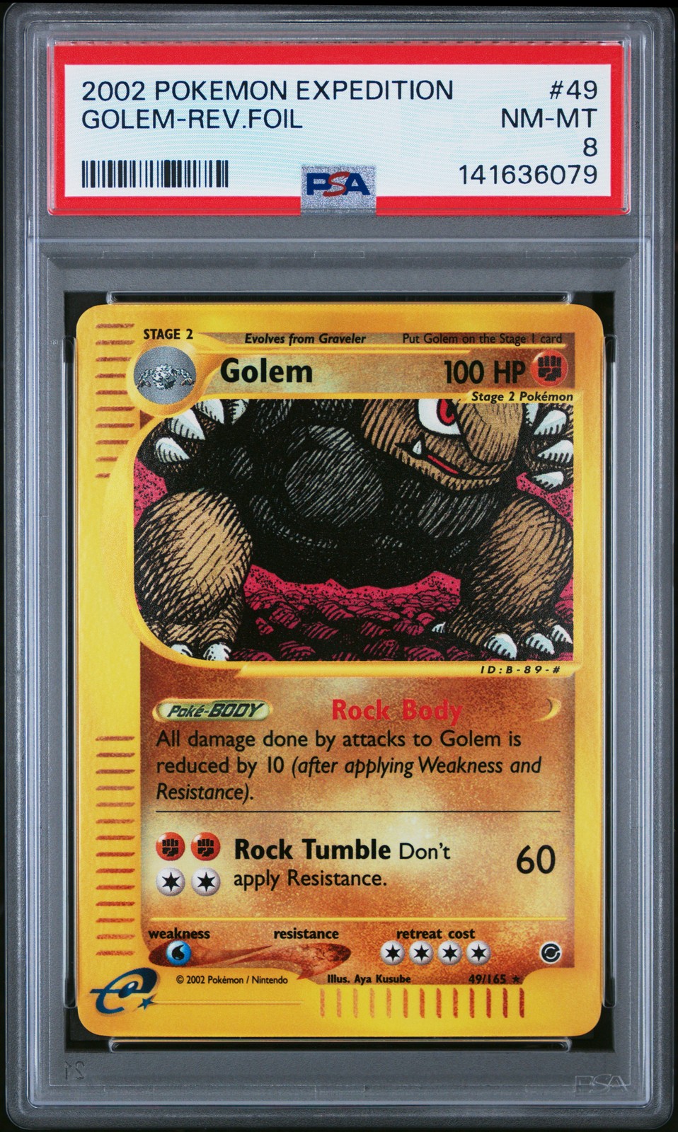 2002 POKEMON EXPEDITION #49 GOLEM-REVERSE FOIL PSA 8