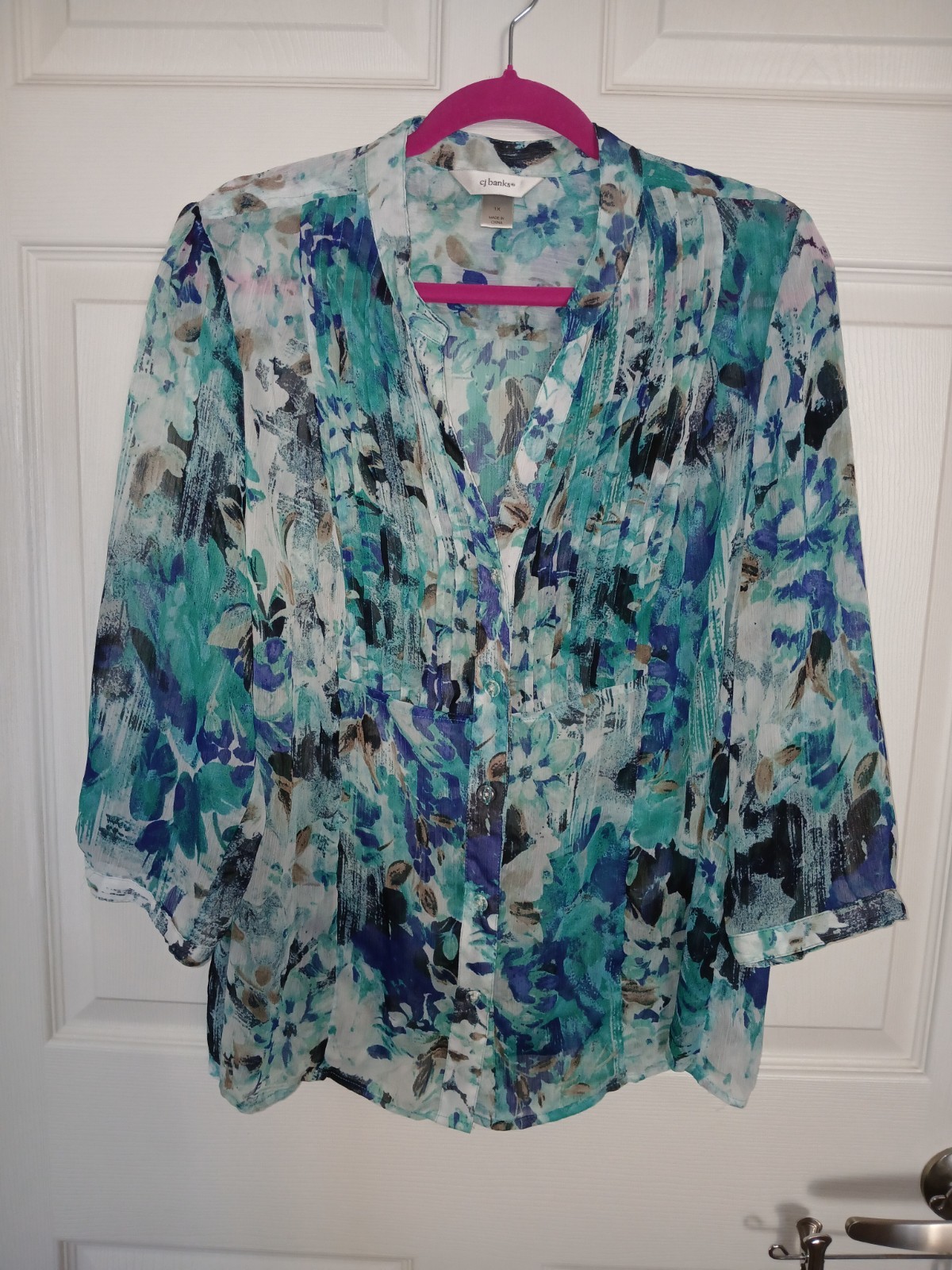 Cj Banks Women’s 1X Sheer Floral Blouse 3/4 Sleeve Blue Summer Lightweight VNeck