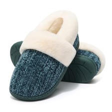 Women's Fuzzy Memory Foam Slippers, Closed Back Knit Bedroom 7-8 Green