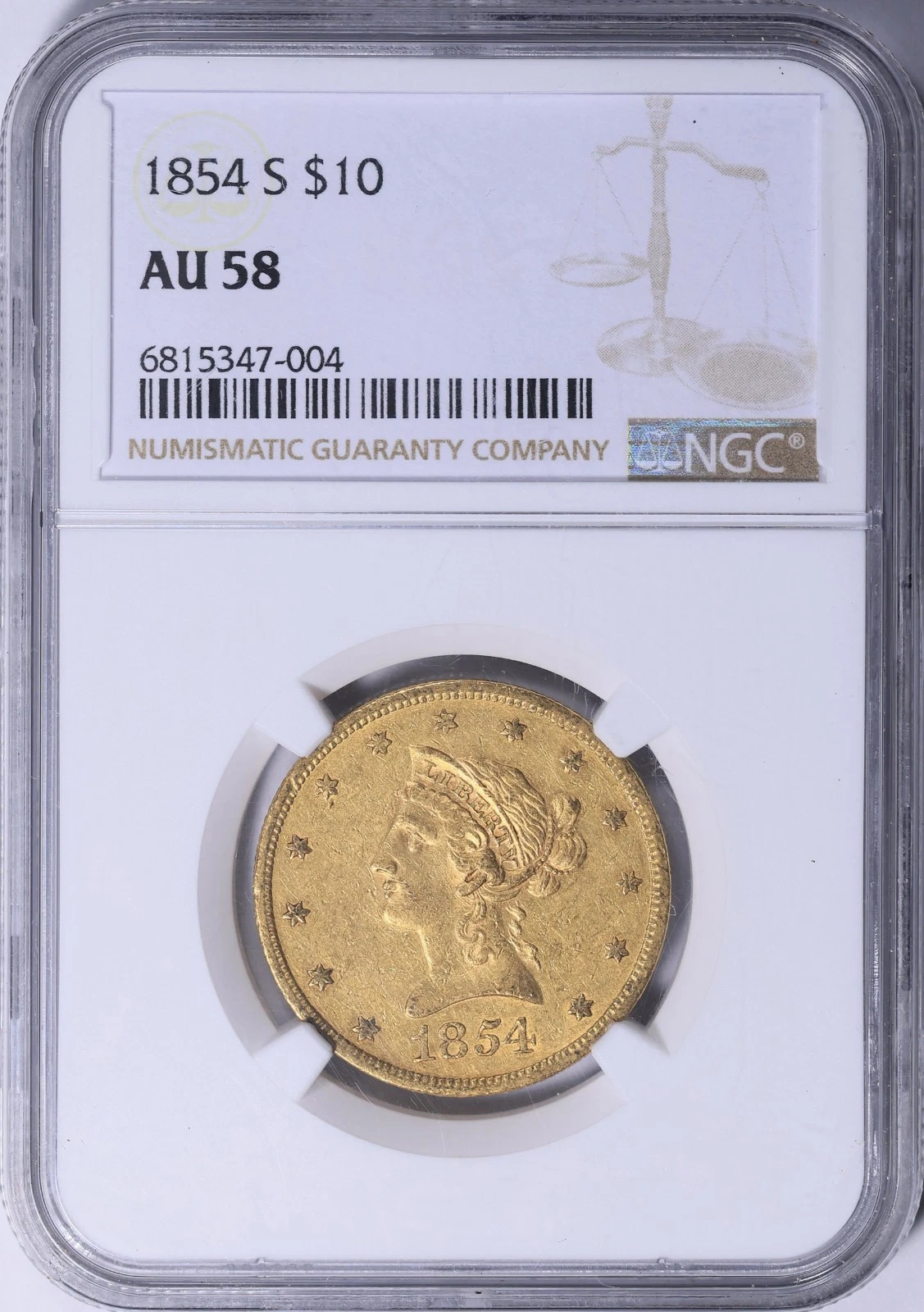 1854-S $10 Liberty No Motto AU-58 NGC Certified - Rare!