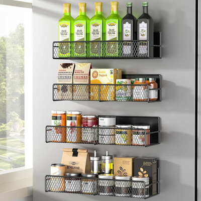 Magnetic Spice Rack for Refrigerator, 4 Pack 100% Metal Strong Magnet Fridge She