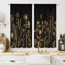 Black and Gold Kitchen Curtains 27.5Wx39H Inch Rod Pocket Farmhouse Floral Ru...