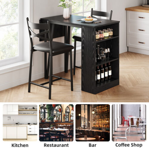 Dining Set Storage Shelves Table and 2 Height Chairs Bar Stools Kitchen Counter - Picture 10 of 51